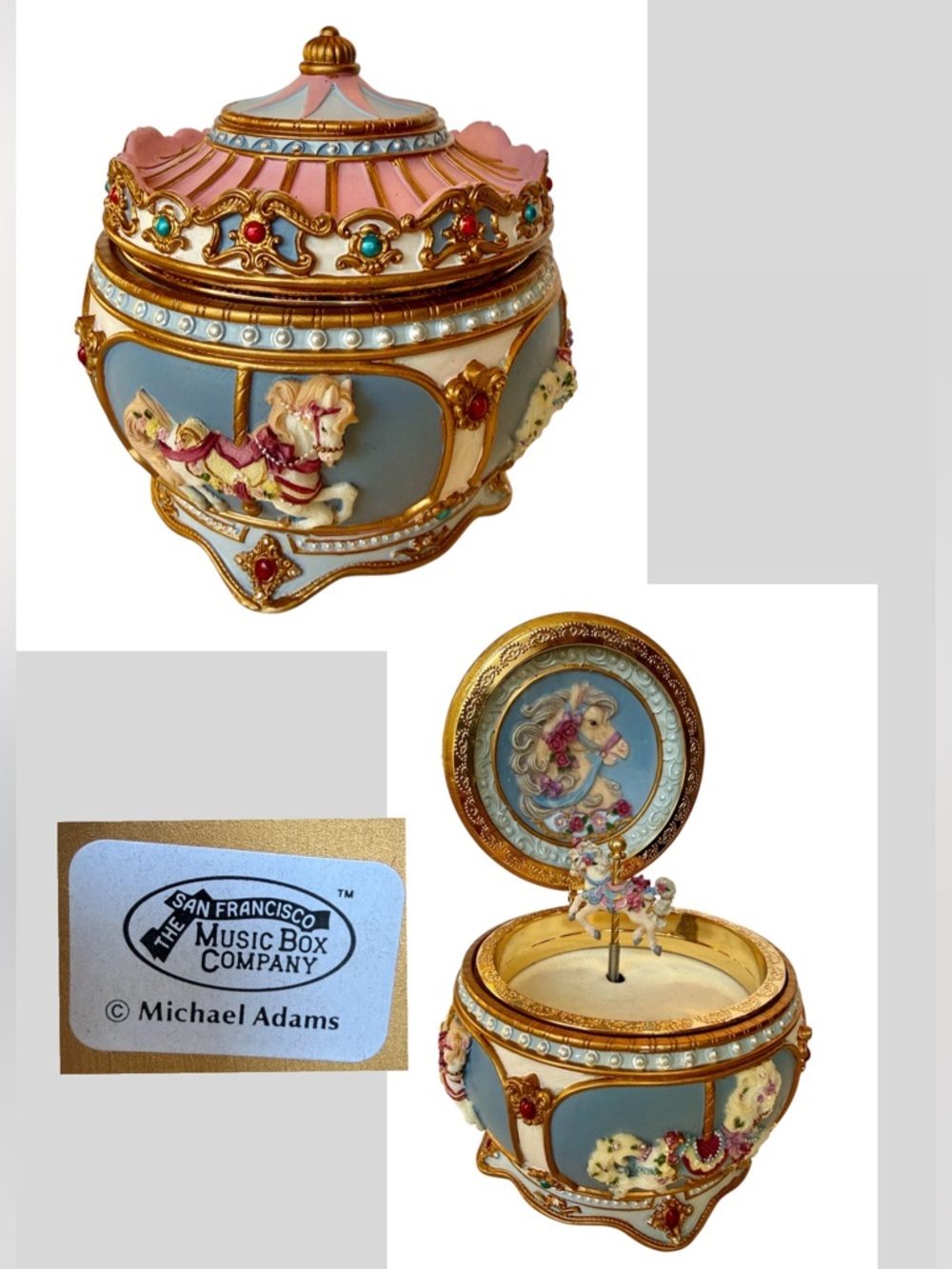 Vtg Michael Adams Carousel Horse Music Box trinket Jeweled Pink Gold